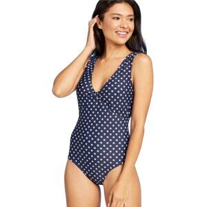 Kona Sol Womens S High Coverage Blue/Lilac Polka Dot One-Piece Swimsuit V-Neck